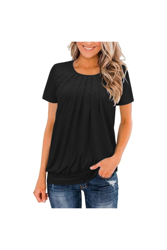 Women's Short Sleeve Summer Tops Crew Neck Pleated Blouson Tops Solid Color Lounge T Shirts Loose Banded Bottom Tee Shirts