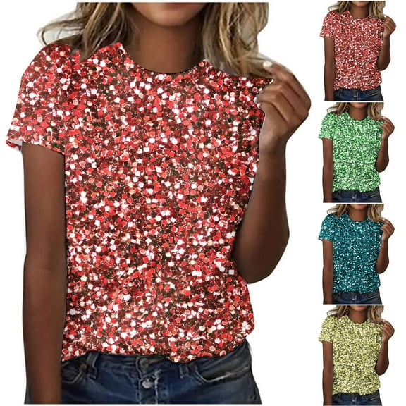 Frostluinai Women's Sparkly T Shirts Round Neck Short Sleeve Soft Tops Casual Party Shirts Trendy Glitter Print Blouses Plus Size Tees