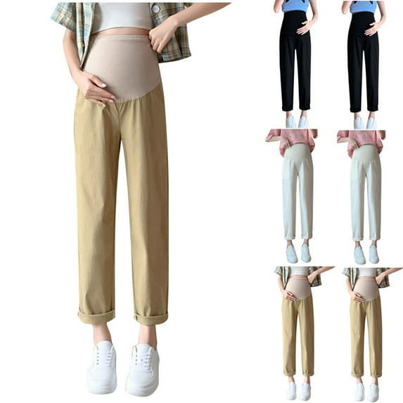 Frostluinai Women's Straight Leg Maternity Pants Baggy Over The Belly Pregnancy Cropped Pants Solid Casual Going Out Trousers