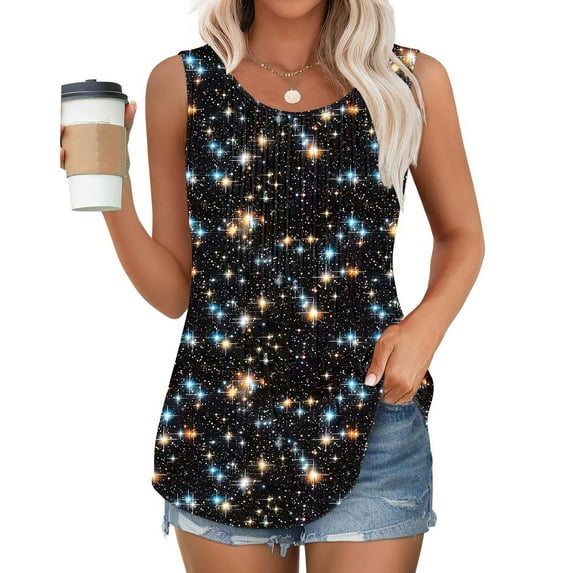 Frostluinai Women's Summer Tank Tops Crew Neck Sparkly Print Tanks Sleeveless Pleated Tunic Tanks Glittle Night Out Tanks Plus Size Tanks