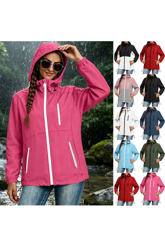 Women's Summer Thin Hooded Jacket for Hiking UV Protection Waterproof Raincoat with Drawstring Hood Hidden Pockets S-XXL