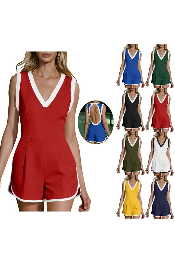 Women's Tennis Romper Athletic Workout Open Back Sleeveless V Neck Jumpsuits Color Block Backless Rompers for Golf Gym Yoga