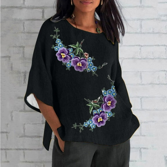 Frostluinai Women's Tops Cotton Linen 3/4 Length Sleeve Shirts Plus Size Round Neck T Shirts Lightweight Going Out Tees Fashion Side Split Blouses