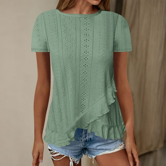 Frostluinai Women's Tops Short Sleeve Eyelet Embroidery Shirts Crew Neck Summer Tshirts Ruffle Irregular Hem Blouses Solid Flowy Tee Shirts
