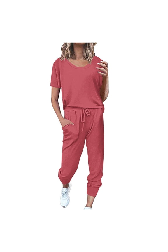 Women's Two Piece Lounge Sets 2025 Spring Summer Jogger Pants Short Sleeve Tracksuits Vacation Outfits Travel Matching Clothes