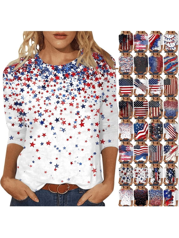 Women's USA Star Stripes Fourth July Tee Shirts 3/4 Sleeve Crew Neck Independence Day Tshirts Plus Size Tees USA Flag Tee Shirt for Women