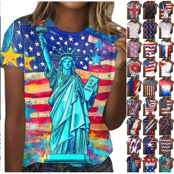 Frostluinai Women's USA Star Stripes Fourth July Tee Shirts Short Sleeve Crew Neck Patriotic Tshirts Casual Independence Day Graphic Tees