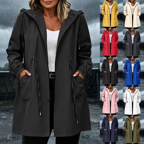 Frostluinai Women's Waterproof Rain Jacket Lightweight Raincoat Hooded Windbreaker Trench Coat Full Zip Oversized Rain Jacket with Pockets