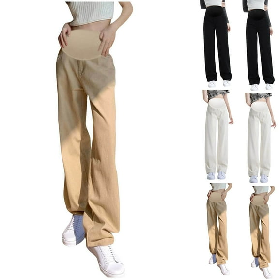 Frostluinai Women's Wide Leg Maternity Pants with Pockets Solid Stretchy Over The Belly Pregnancy Denim Pants Casual and Work Trousers