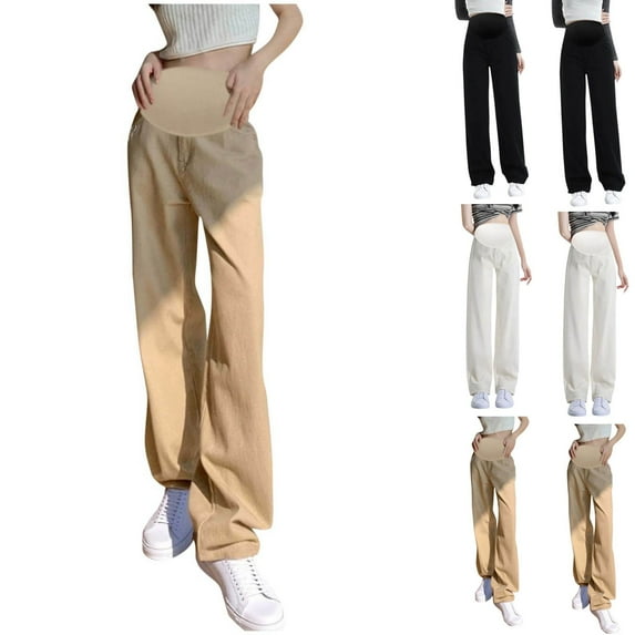 Frostluinai Women's Wide Leg Maternity Pants with Pockets Solid Stretchy Over The Belly Pregnancy Denim Pants Casual and Work Trousers