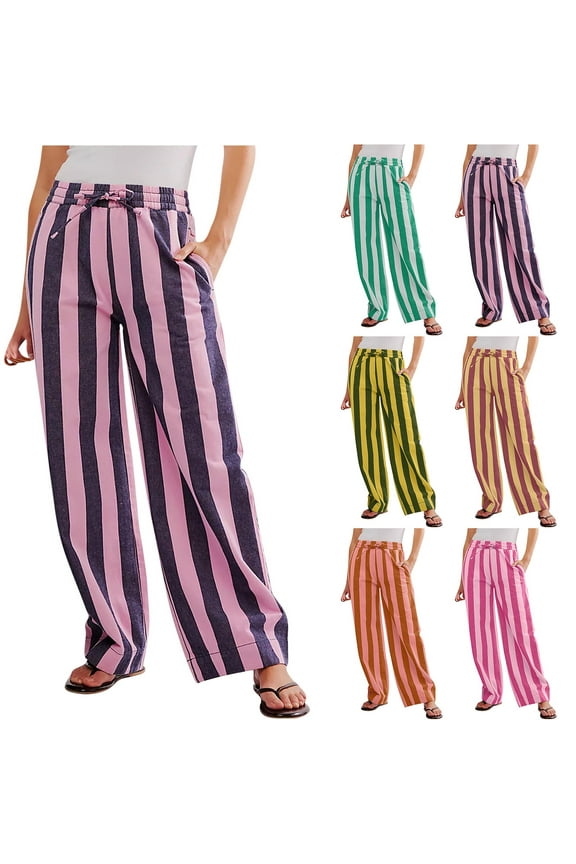 Women's Wide Leg Pants Drawstring Striped Cotton High Waist Casual Long Palazzo Trousers with Pockets