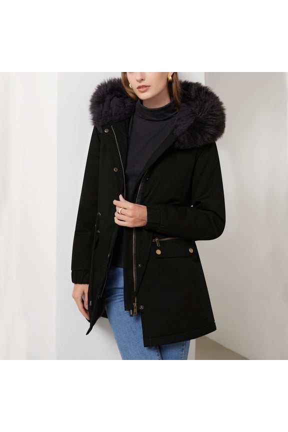 Women's Winter Parka Coats Long Sleeve Warm Fuzzy Hooded Puffer Jackets Zip up Drawstring Quilter Coats Fleece Lined Outerwear with Pocket