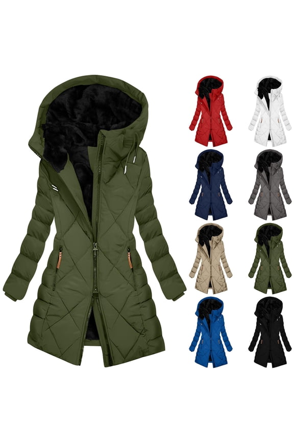 Women's Winter Thickened Quilted Jacket Warm Long Puffer Coat Solid Overcoat Parka with Faux Fur Removable Hood