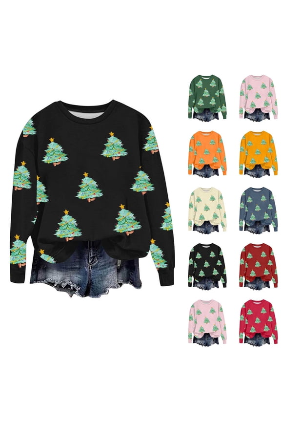 Women's Xmas Tree Pullover Tops Crew Neck Ugly Christmas Sweat Shirts Long Sleeve Casual Tshirts Marry Christmas T-Shirts