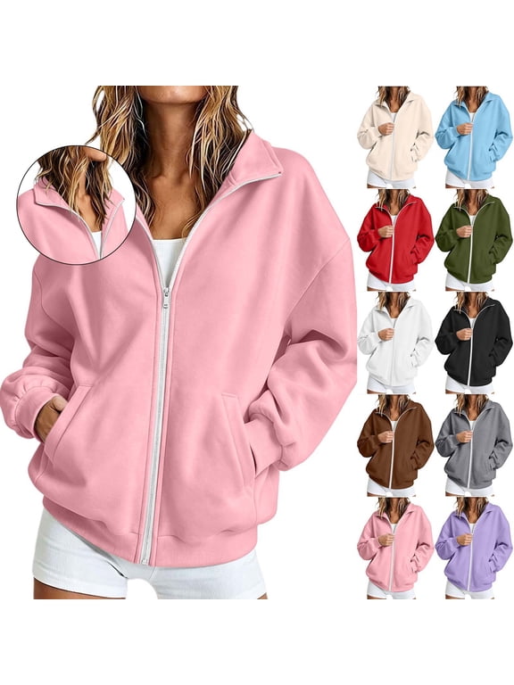 Women's Zip up Jacket Lightweight Sweatshirt Coats Zip Mock Neck Long Sleeve Drop Shoulder Athletic Jackets with Pocket S-2XL