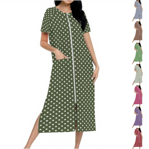 Frostluinai Women's Zipper Robe Raglan Short Sleeve Stars Stars Graphic Housecoats Full Length House Dress Loungewear Long Nightgown with Pockets