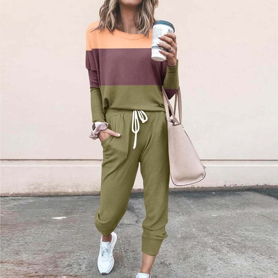 Frostluinai Womens 2 Piece Sweatsuits Sets Color Block Tracksuits Long Sleeve Tops Soft Sweatpants Plus Size Casual Sets with Pocket Clearance