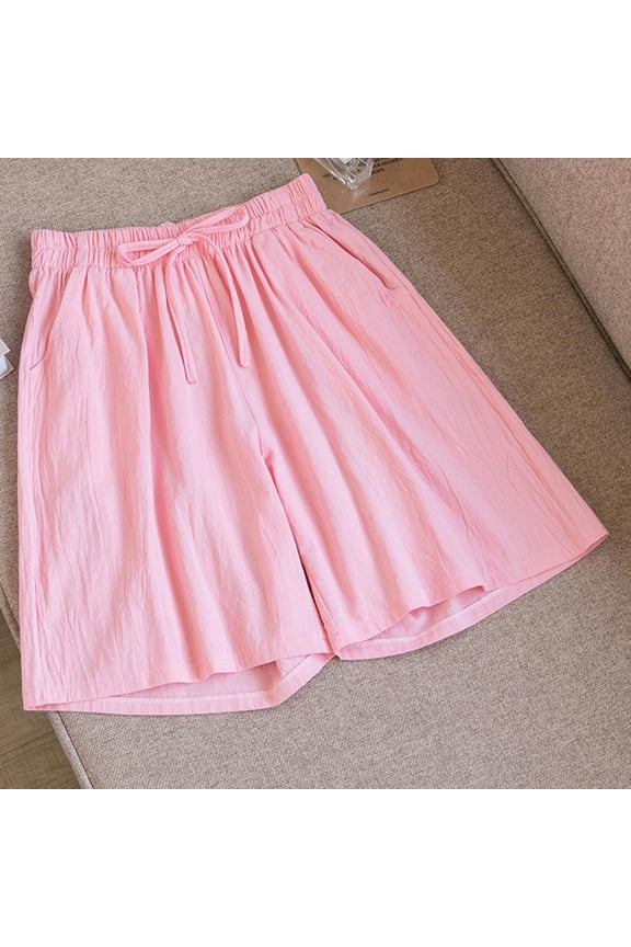 Womens Baggy Wide Leg Shorts High Waist Drawstring Bermuda Shorts Casual Linen Knee Length Shorts Solid Lightweight Shorts with Pocket