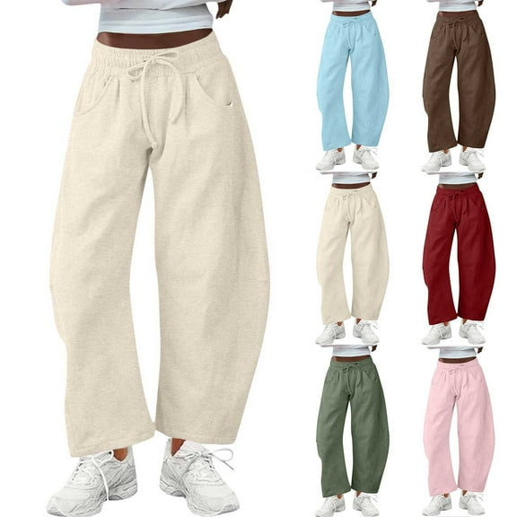 Frostluinai Womens Barrel Sweatpants High Waisted Wide Leg Pants Drawstring Athletic Baggy Pants Solid Lounge Sweat Pants with Pocket