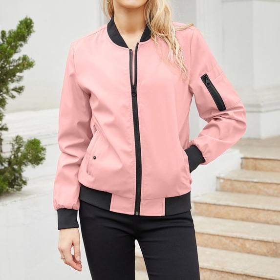Frostluinai Womens Bomber Jackets Zip up Casual Jacket Coats Long Sleeve Lightweight Baseball Outerwear Solid Color Fall Jackets with Pocket