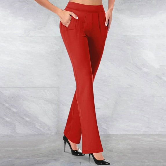 Frostluinai High Waist Dress Pants for Women Casual Dressy Bootcut Flare Leggings Solid Slim Fit Trousers Pleated Business Office Pants with Pockets