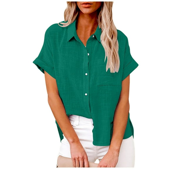 Frostluinai Womens Button Down Shirts Cotton Linen Rolled Short Sleeve Tshirts Lapel Collar Casual Dressy Blouses Plus Size Solid Shirts with Pocket