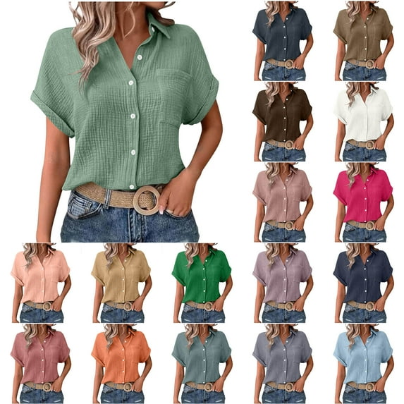 Frostluinai Womens Button Down Shirts Short Sleeve Rolled T Shirts Lapel Collar Casaul Dressy Blouses Solid Loose Fit Business Shirts with Pocket