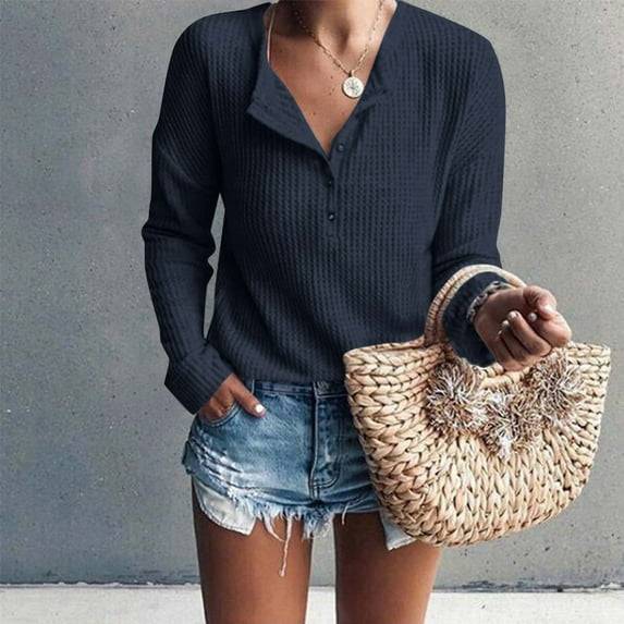 Frostluinai Womens Button Henley Shirts Long Sleeve Waffle Knit Tops Solid Color Casual T Shirts Comzy Going Out Tees Gifts for Women