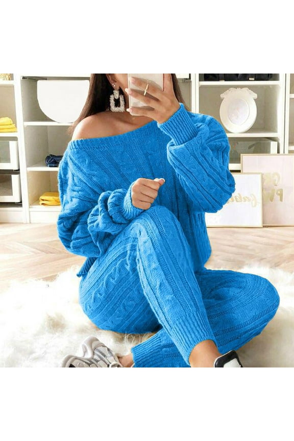 Womens Cable Knit Sweater Sets Dew Shoulder Long Sleeve Knit Pullover Legging Plus Size Chunky Sweater 2 Piece Warm Lounge Sets
