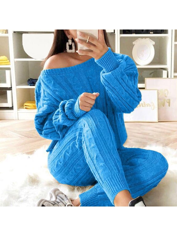 Womens Cable Knit Sweater Sets Dew Shoulder Long Sleeve Knit Pullover Legging Plus Size Chunky Sweater 2 Piece Warm Lounge Sets