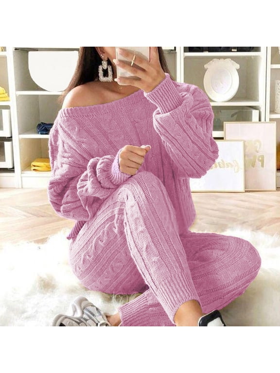 Womens Cable Knit Sweater Sets Dew Shoulder Long Sleeve Knit Pullover Legging Plus Size Chunky Sweater 2 Piece Warm Lounge Sets