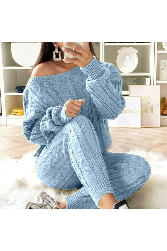 Womens Cable Knit Sweater Sets Dew Shoulder Long Sleeve Knit Pullover Legging Plus Size Chunky Sweater 2 Piece Warm Lounge Sets