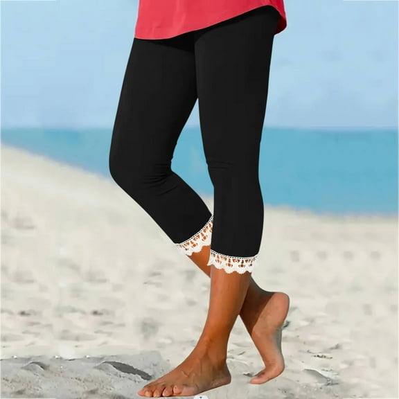 Frostluinai Womens Capri Leggings Stretch High Waisted Slim Fit Yoga Capris Solid Color Lace Hem Comfy Leggings Plus Size Workout Pants