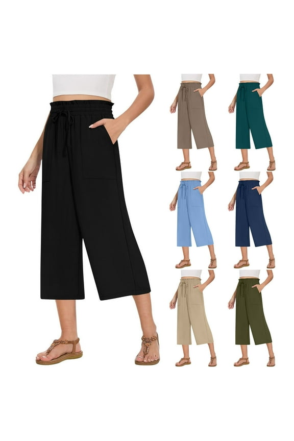 Womens Capris for Summer with Pocket High Waist Paper Bag Pants Solid Color Baggy Wide Leg Capris Casual Vacation Capri Pants
