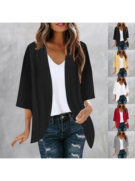 Womens Cardigans Eyelet Embroidery Lightweight Cardigans 3/4 Sleeve Open Front Beach Cover Up Solid Flowy Summer Jackets