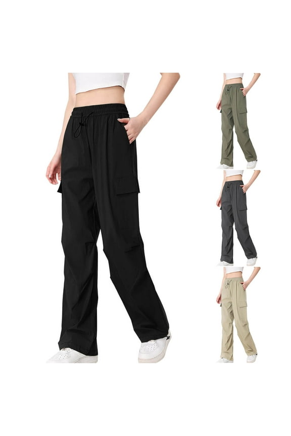 Womens Cargo Pants Drawstring Elastic Waist Straight Leg Pants Solid Baggy Ruched Knee Athletic Pants with Pocket