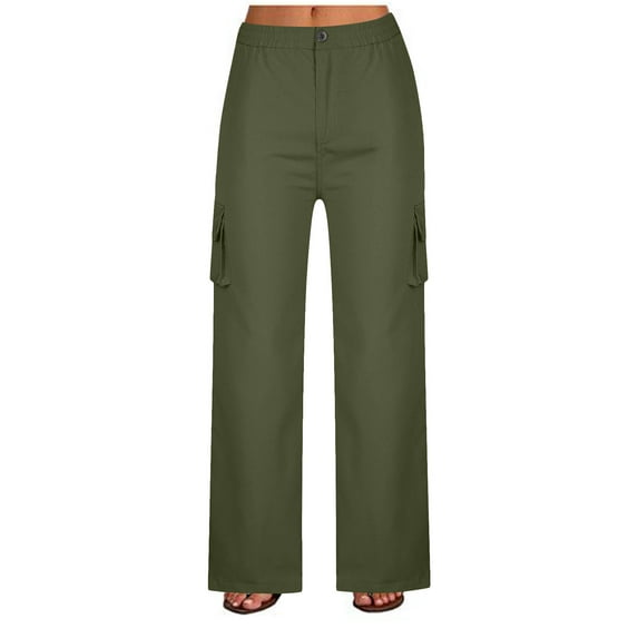 Frostluinai Womens Cargo Straight Leg Pants Elastic Waisted Button Wide Leg Pants Plus Size Solid Color Pull on Jogger Trouser with Pocket