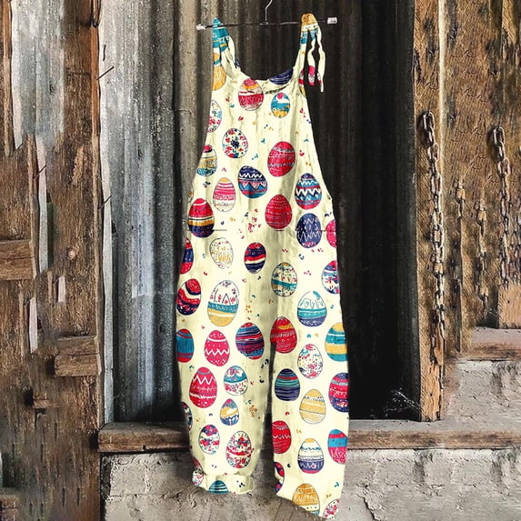 Frostluinai Womens Casual Loose Jumpsuits Easter Graphic Wide Leg Rompers Funny Sleeveless Overalls with Pockets Happy Easter Day