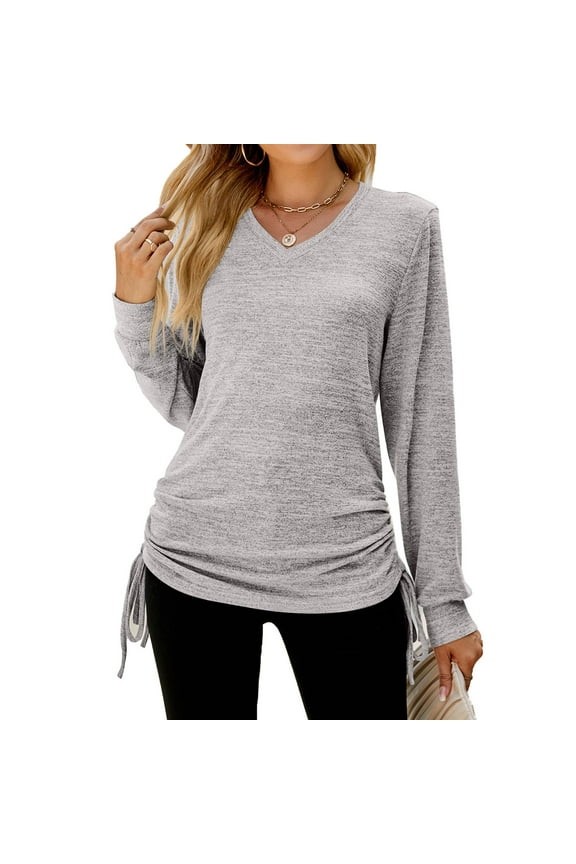 Womens Casual Side Drawstring Tops Solid Color Long Sleeve V Neck Blouses Ruched Hide Belly Workout Tunics Fall Winter Warm Soft Pullover