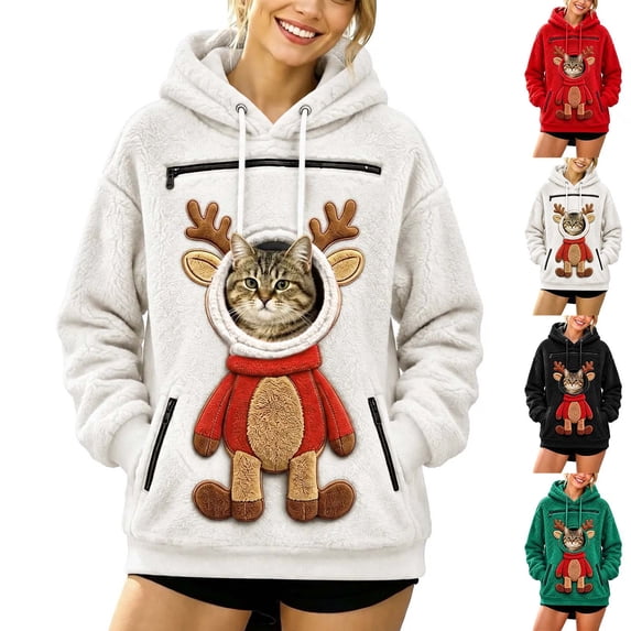 Frostluinai Womens Cats Hoodie with Pouch Zipper Fuzzy Fleece Pet Carrier Sweatshirt Christmas Reindeer Print Zippered Pet Pouch Adjustable Hole Pockets
