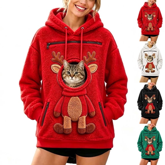 Frostluinai Womens Cats Hoodie with Pouch Zipper Fuzzy Fleece Pet Carrier Sweatshirt Christmas Reindeer Print Zippered Pet Pouch Adjustable Hole Pockets