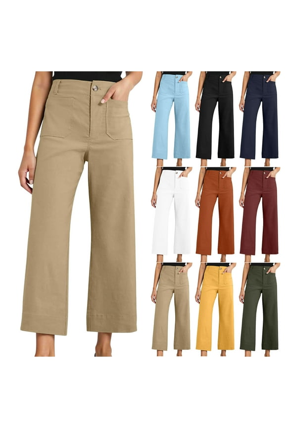 Womens Chino Cropped Pants with Pockets High Waist Straight Wide Leg Pants Solid Casual Dressy Pants Baggy Pull On Pants