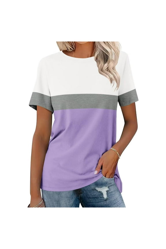 Womens Color Block Tunic Tops Short Sleeve Crewneck Graphic Tees Light Weight Summer Shirts Lounge Workout T Shirts Activewear