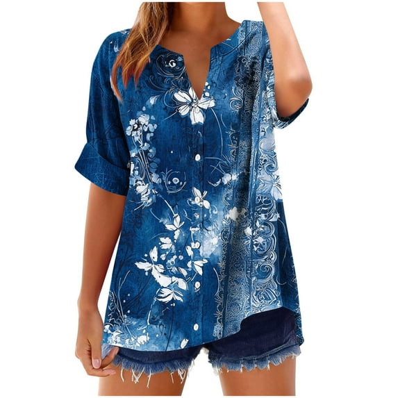 Frostluinai Womens Cotton Linen Floral Shirts Button V Neck Oversized Tops Rolled Cuffed Short Sleeeve T Shirts Casual Dressy Summer Shirts