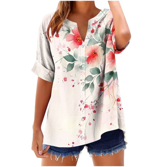 Frostluinai Womens Cotton Linen Floral Shirts Button V Neck Short Sleeve T Shirts Casual Dressy Boho Blouses Summer Going Out Tees