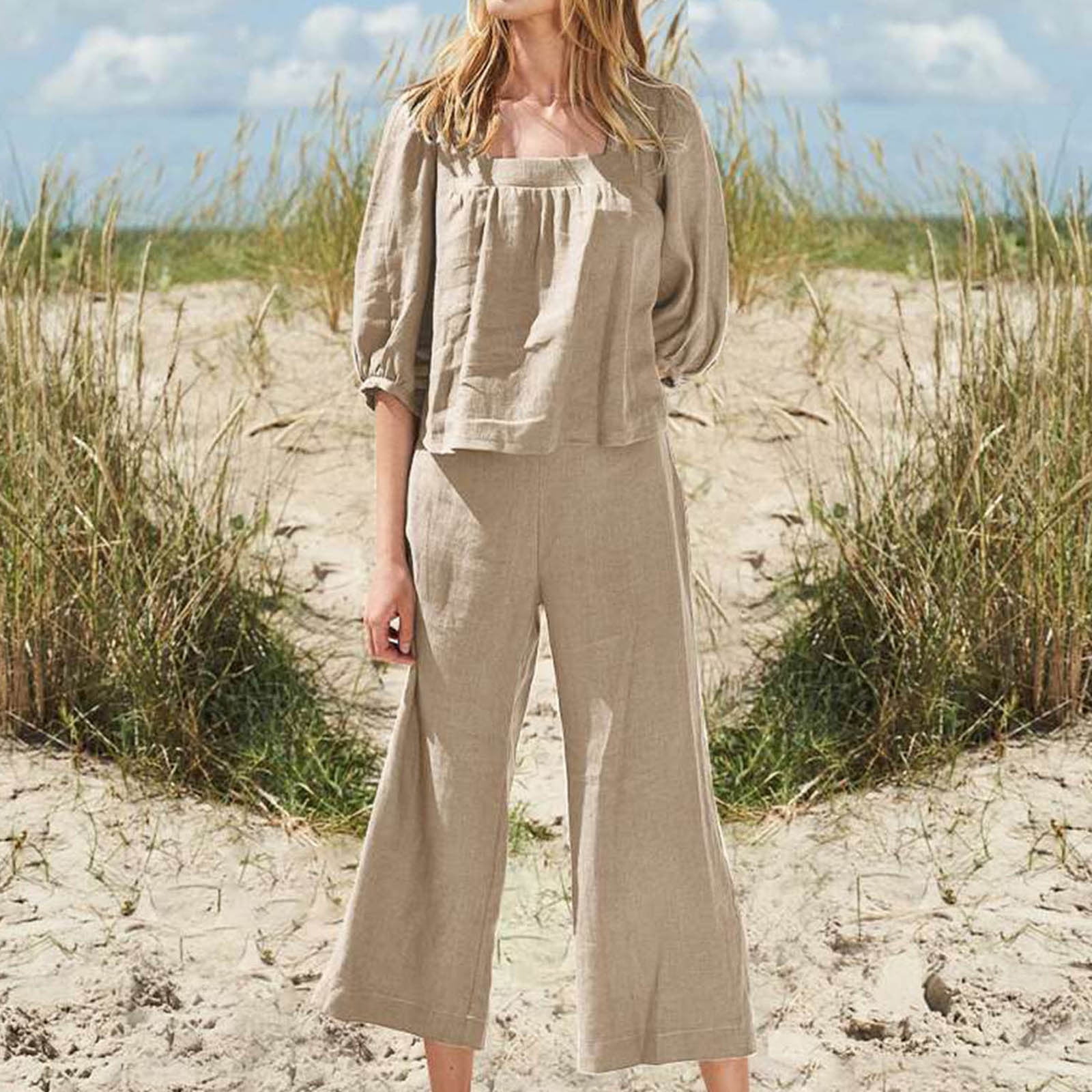 Womens Linen Sleepwear, Puff Sleeve Linen Top And Pants Set