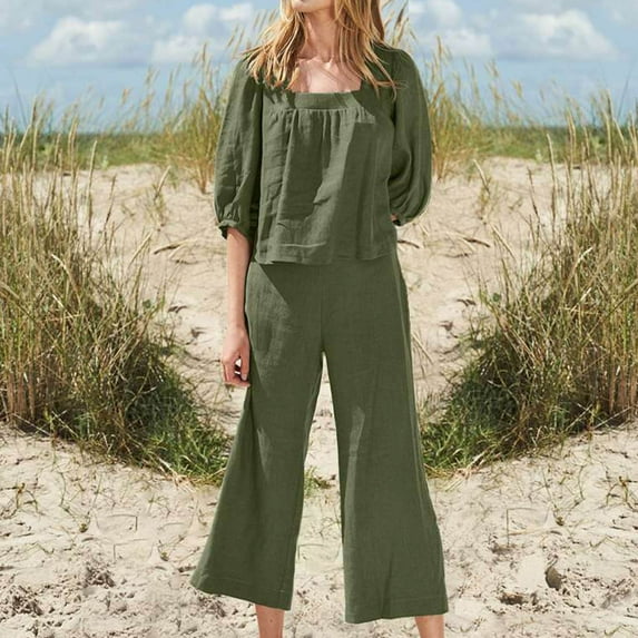 Frostluinai Womens Cotton Linen Loungewear Sets Puff Sleeve Square Neck Shirts Wide Leg Pants Lightweight Solid 2 Piece Comzy Lounge Wear Sets