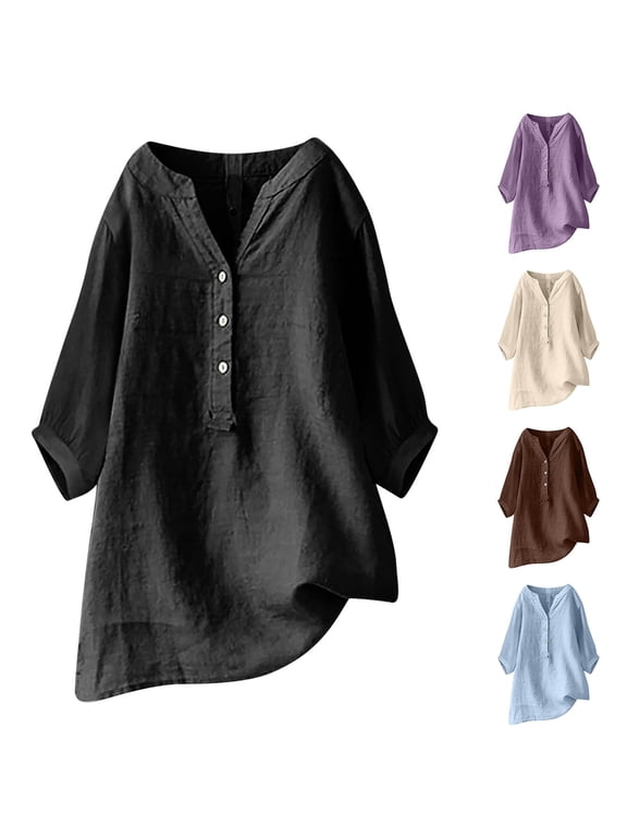 Womens Cotton Linen Shirts 3/4 Roll Up Sleeve Casual V Neck Button Up Dressy Blouses Summer Vacation Oversized Tshirt
