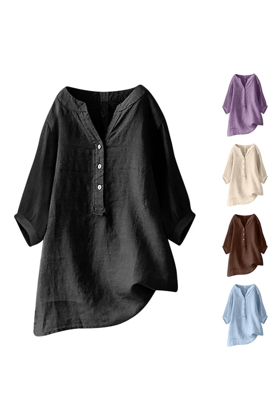 Womens Cotton Linen Shirts 3/4 Roll Up Sleeve Casual V Neck Button Up Dressy Blouses Summer Vacation Oversized Tshirt