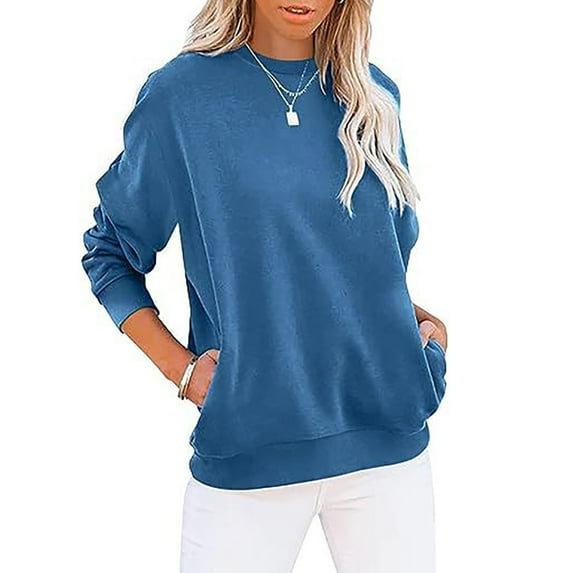 Frostluinai Womens Crew Neck Sweatshirts Long Sleeve Comzy Pullover Solid Color Basic Sweat Shirts Lightweight Sweatshirt with Pocket